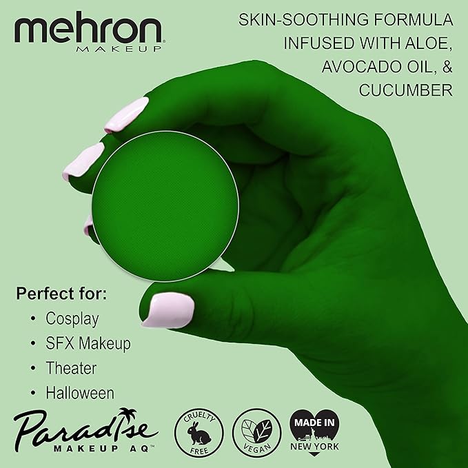 Mehron Makeup Paradise Makeup AQ Refill Size | Stage & Screen, Face & Body Painting, Beauty, Cosplay, Halloween | Water Activated Face Paint, Body Paint .25 oz (7 ml) (AMAZON GREEN)