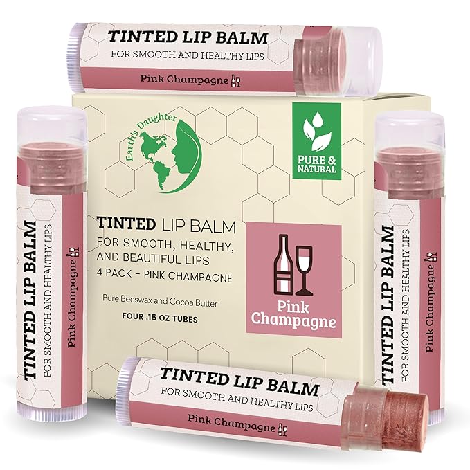 Earth's Daughter Tinted Lip Balm Stocking Stuffers 4-Pack of Pink Champagne Color - Beeswax, Coconut Oil, Cocoa Butter, Vitamin - Moisturize and Beautify - Paraben Free