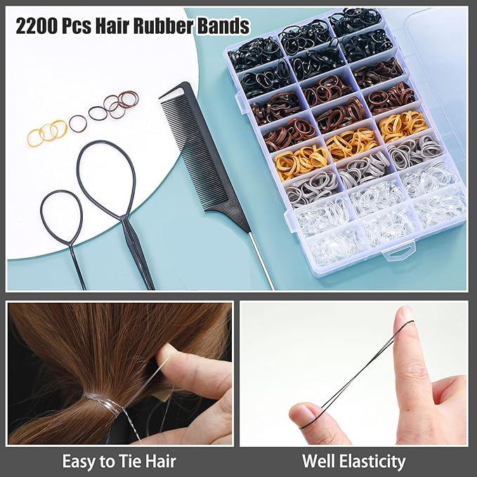 2200 Pcs Elastic Hair Ties, 6 Natural Colors Mini Rubber Bands with Hair Tail Tools and Comb, Hair Accessories for Women, Girls, Toddlers, Babies