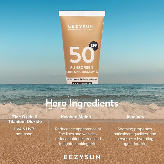 Mineral SPF 50 Sunscreen | Infused with Aloe Vera | Vegan and Cruelty-Free | Hawaii 104 Reef Act Compliant | Broad Spectrum with UVA/UVB Protection | Natural & Non-Oily | 3.3 FL OZ