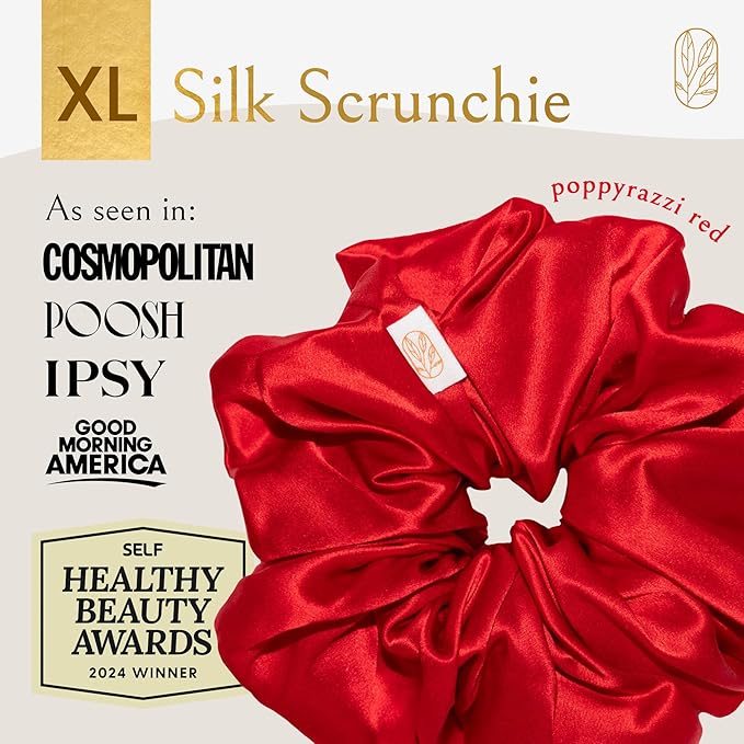 Silk Scrunchies Ponytail Holders – Oversized Mulberry Silk Scrunchies – Extra Large No Damage Hair Ties for Curly, Thick, and Thin - Hair Accessories for Women – Poppy Razzi Red, XL By Curlfriend