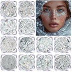 Body Glitter Face Glitter, Hair Glitter for Kids, 12 Shapes Fine Chunky Glitter Gel for Women Girls Makeup Sparkles Party Mermaid Sequins Rave Accessories Singer Concerts Festival (Silver Scheme)