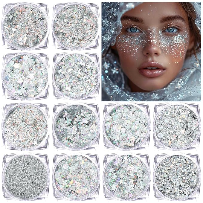Body Glitter Face Glitter, Hair Glitter for Kids, 12 Shapes Fine Chunky Glitter Gel for Women Girls Makeup Sparkles Party Mermaid Sequins Rave Accessories Singer Concerts Festival (Silver Scheme)