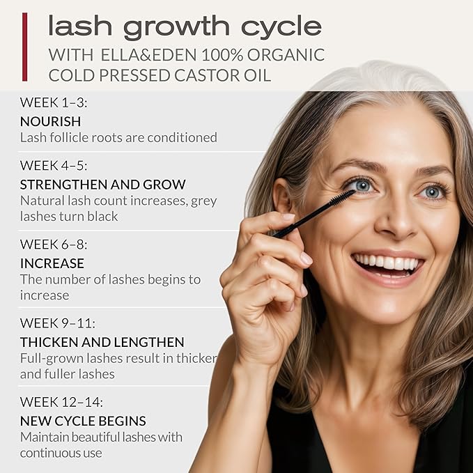 Ella & Eden Organic Castor Oil for Eyelashes - 4 Fl Oz Glass Bottle Lash Serum - for Eyebrows, for Hair Growth - Cold-Pressed Hexane-Free USDA Certified 100% Pure Unrefined