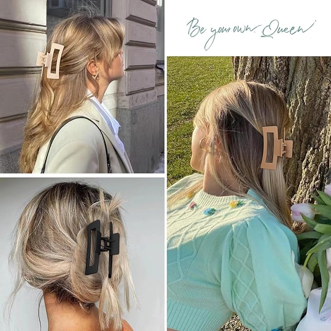 Hair Clip, 3.5 Inch Medium Square Claw Clips Rectangle Clips 6 Pack Rubber Paint Acrylic Plastic Metal, Non-Slip Design for Women Girls - Coffee