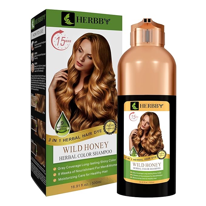 HERBBY Hair Color Shampoo for Gray Hair Coverage&Color Transform with 9 Herbal Extracts –Long Lasting(6-8 Weeks),Shiny,Evenly Colored,Instant Hair Dye Shampoo&Conditioner, 500 Ml (WILD HONEY COLOR)