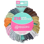216-Piece Hair Ties, 4mm Hair Elastics, No Metal Ponytail Holders for Women, Durable for Thick, Curly and All Hair Types-Neutral Solids & Stripes