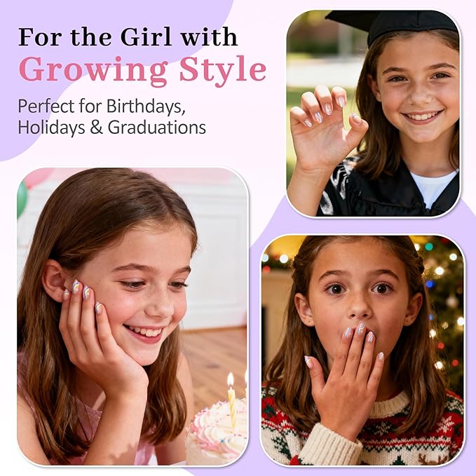 16 Sizes Press on Nails Kit for Kids - 32 Pieces French Almond Fake Nail Tips for Girls 8-12 Years Old with Jelly Nail Adhesives & No-Lamp Nail Glue, Birthday Christmas Gifts (Rainbow Flower)