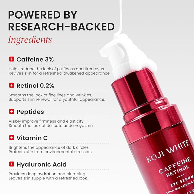 Koji White 3% Caffeine Eye Serum for Puffiness & Dark Circles with 0.2% Retinol, Peptides, Hyaluronic Acid & Vitamin C - Fragrance-Free, Unscented for Sensitive Skin, Vegan Skincare 0.50 Fl Oz