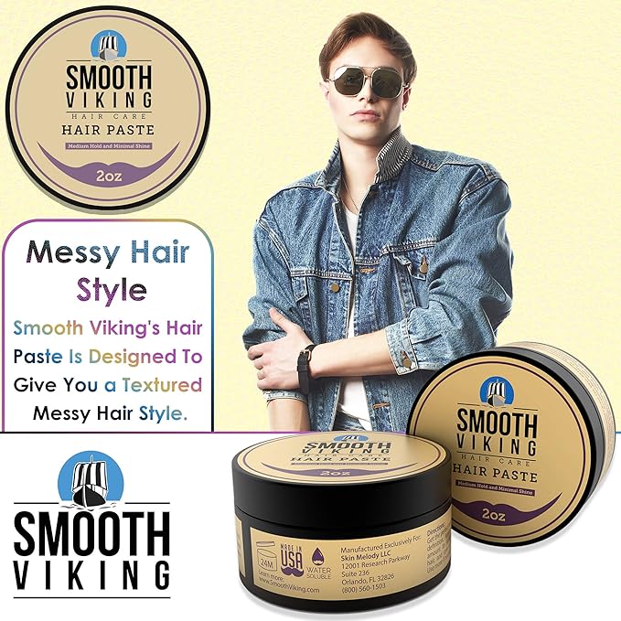 Smooth Viking Hair Paste for Men - Hair Styling Cream with Minimal Shine & Medium Hold Hair Products for Men, Hair Cream for Men, Styling Paste for Textured Messy Hairstyle - Made in USA, 2oz