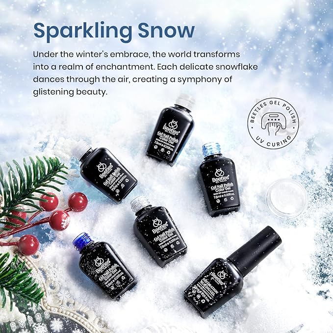Beetles Christmas Gel Nail Polish Set 5 Winter Colors Dark Blue Glitter White Light Blue Silver Gel Polish with Sealing Gel Sugar Dust Powder Nail Sticker UV LED Needed Gifts for Women Sparkling Snow