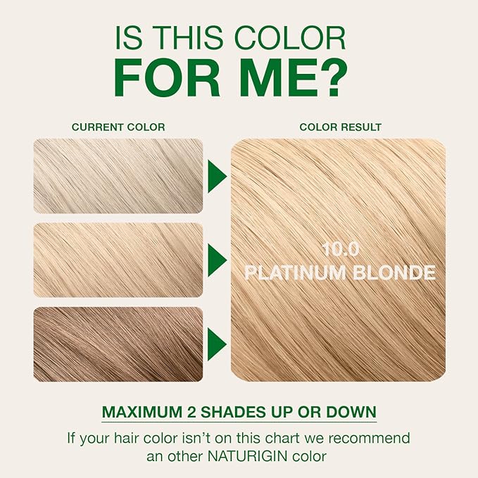 Naturigin Permanent Hair Color, 10.0 Platinum Blonde, Ammonia Free, 100% Gray Coverage, Nourishing Natural Formula, For All Hair Types, Long-Lasting, Vegan & Cruelty-Free, 1 Pack