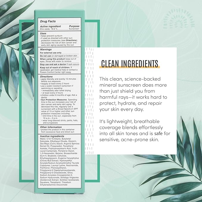 Active Skin Repair SPF 50 EWG-Certified Hydrating Daily Sunscreen and Face Moisturizer, Non-Nano Zinc, Non-Toxic Broad Spectrum Protection Hydrating Mineral Facial Sunscreen, 1.7 fl. oz.