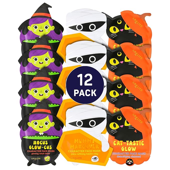 SpaLife Beauty Halloween Face Mask Spooky Glow Bundle | Korean Facial Masks | Pore-Refining, Detoxifying, and Brightening Face Mask Set | Halloween Gifts for Women | Facial Sheet Masks | 12 Pack