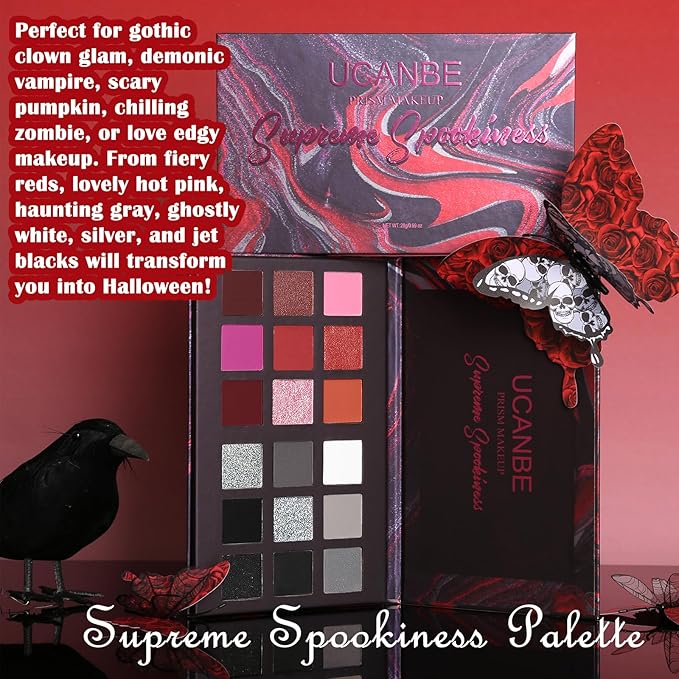 Black Red Goth Smokey Eyeshadow Palette Makeup-18 Colors Gray Silver Pink Burgundy Matte Shimmer Metallic Dark Eye Shadow Pallet for Christmas Halloween Clown Vampire Joker SFX Cosplay Costume Make Up