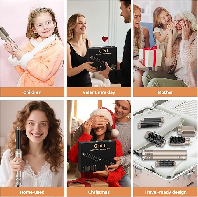 6 in 1 Blow Dryer Brush, Upgrade Hair Dryer Brush Set Negative Ion Air Styler Curling Wrap Air Curler, Hot Air Brush Curling Iron Hair Styling Tools As A Gift for Straight/Curl/Dry/Smooth