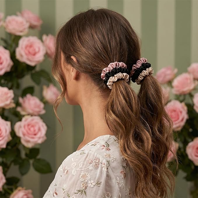 Satin Scrunchies, 6 Pack, Reduces Hair Breakage, Prevents Frizz, Smooth Texture (Black/Rose/Light Pink)