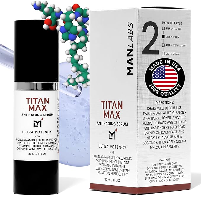 Titan MAX Anti-Aging Face Serum for Men – Ultra Potency Mens Face Moisturizer – Men, Dark Spots, Wrinkles, Fine Lines – Vitamin C & E, 10% Niacinamide, Hyaluronic Acid – Unscented