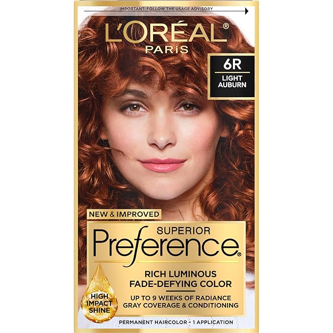 L'Oreal Paris Superior Preference Luminous Fade-Defying Permanent Hair Color, Hair Dye For Up to 9 Weeks of Radiance, Light Auburn 6R, 1 Hair Dye Kit