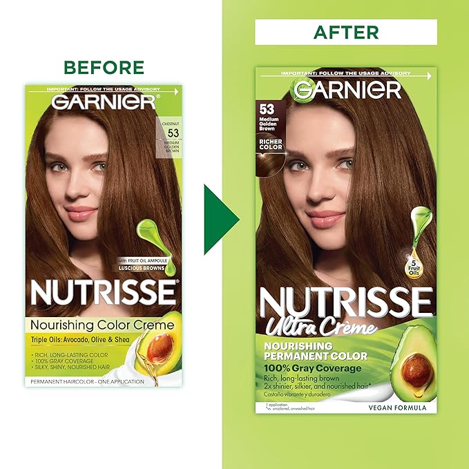 Garnier Hair Color Nutrisse Nourishing Creme, 53 Medium Golden Brown (Chestnut) Permanent Hair Dye, 2 Count (Packaging May Vary)