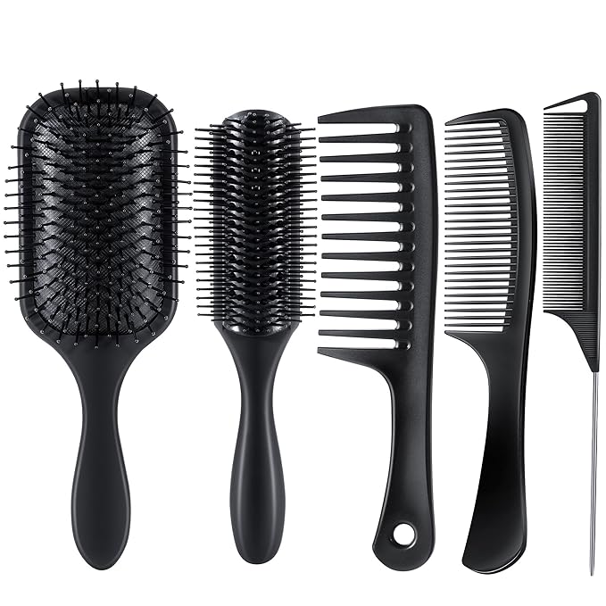 SALONSILK 5PCS Hair Brush Comb Set, Women Men Paddle Styling Hair Brushes Wide Fine Tooth Combs, Rat Tail Parting Barber Professional Set for Detangling, Thick, Natural, Thin, Curly