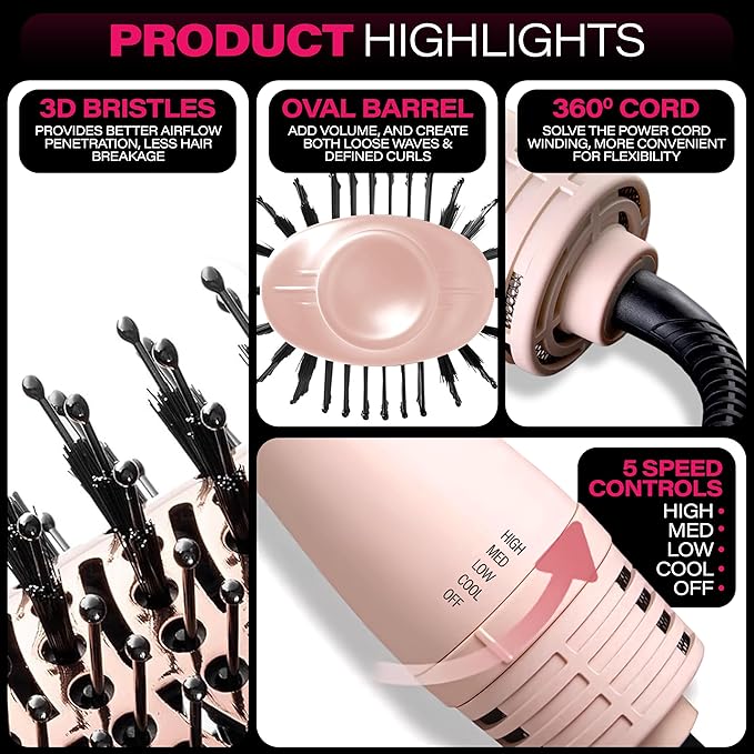 LUXEE Volumizing Blow Dryer Brush, 5 in 1 One Step Volumizer Hot Air Hair Dryer, Oval Barrel Hair Straightener and Curler for Women, Dual Voltage Tourmaline/Negative Ionic Blowout. US/UK/EU Plug.