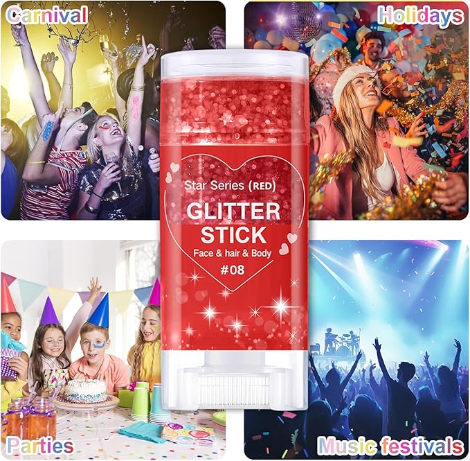 Red Body Glitter Stick, Halloween Face Glitter Makeup,Holographic Hair Glitters Mermaid Makeup Rave Outfits for Women, Shimmer Face Paint Stick for Christmas (Red)