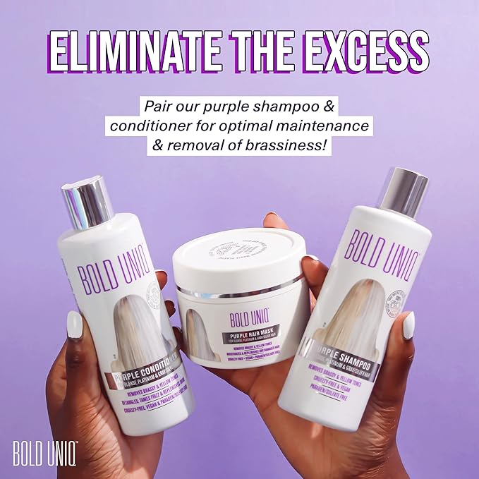 Bold Uniq Purple Hair Mask - Toner For Blonde, Platinum, Bleached, Silver, Gray, Ash & Brassy Hair - Remove Yellow Tones & Condition Dry, Damaged Hair - Cruelty Free & Vegan - 6.76oz