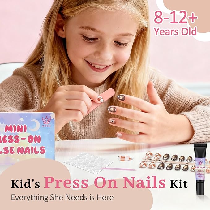 16 Sizes Press on Nails Kit for Kids - 32 Pieces French Almond Fake Nail Tips for Girls 8-12 Years Old with Jelly Nail Adhesives & No-Lamp Nail Glue, Birthday Christmas Gifts (Cozy Autumn)