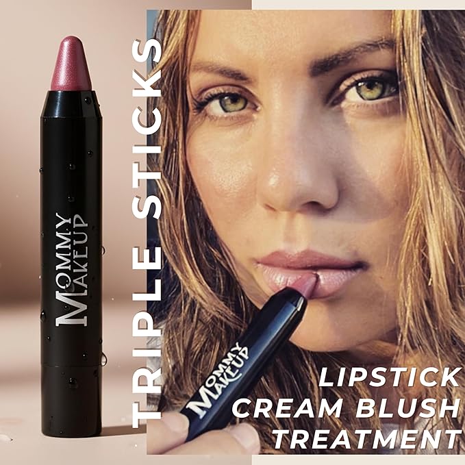 Mommy Makeup Triple Sticks Lipstick, Cream Blush & Treatment All-In-One with Shea & Cocoa Butter - Soft & Creamy Moisturizing Lip Crayon For Lips & Cheeks (Gigi)