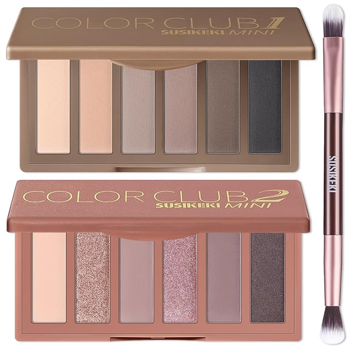 2PCS 6 Colors Mini Eyeshadow Palette Makeup with Brush Set Neutral Nude Eye Shadow Pink & Brown Matte Shimmer Make Up Pallet with Mirror Highly Pigmented Travel Size Gift Kit