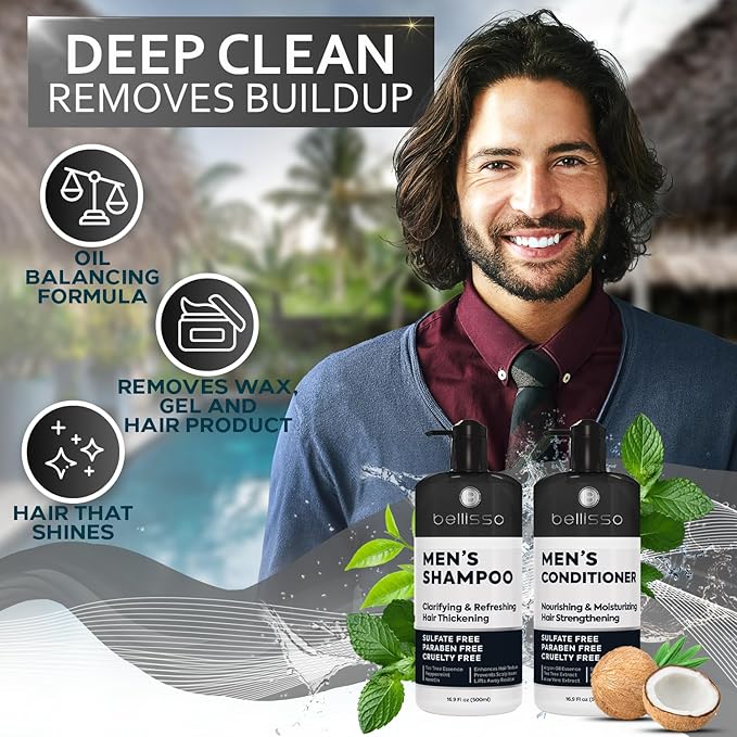 Mens Shampoo and Conditioner Set - Sulfate Free and Clarifying - For Men with Oily to Normal Hair - Moisturizing and Thickening - Biotin, Keratin, Tea Tree Oil, Caffeine and Peppermint for Dandruff