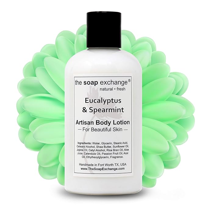 The Soap Exchange Body Lotion - Eucalyptus & Spearmint Scent - Hand Crafted 8 fl oz / 240 ml Natural Artisan Skin Care for Hand, Face, & Body, Moisturize, Hydrate, & Protect. Made in the USA.