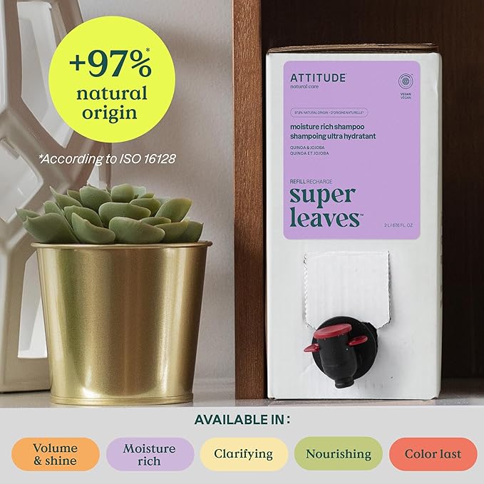 ATTITUDE Moisture Rich Hair Shampoo, EWG Verified, For Dry and Damaged Hair, Naturally Derived Ingredients, Vegan and Plant Based, Quinoa and Jojoba, Bulk Refill, 67.6 Fl Oz