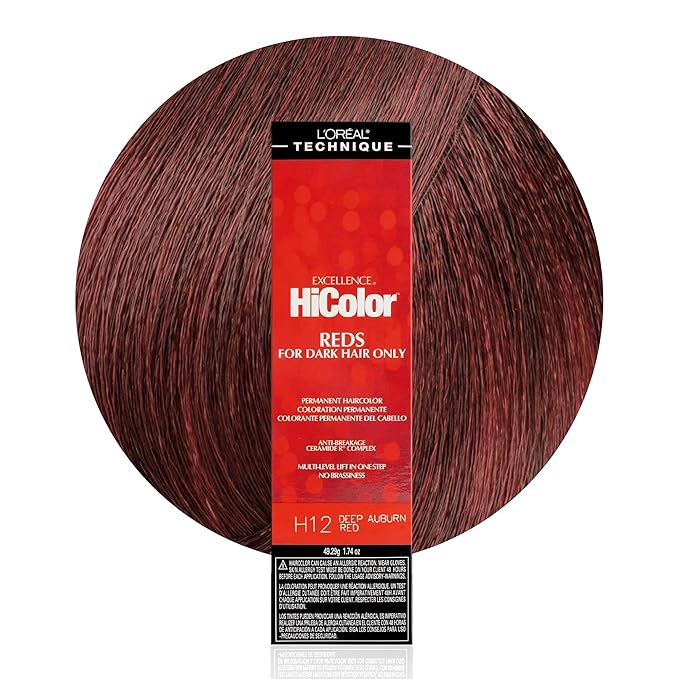 L'OREAL TECHNIQUE HiColor Reds Permanent Hair Color - Lifts Dark Hair in One Step Leaving No Brassiness, Rich & Smooth Creme Formula, Intense & Long-Lasting Color, H12 Deep Auburn Red