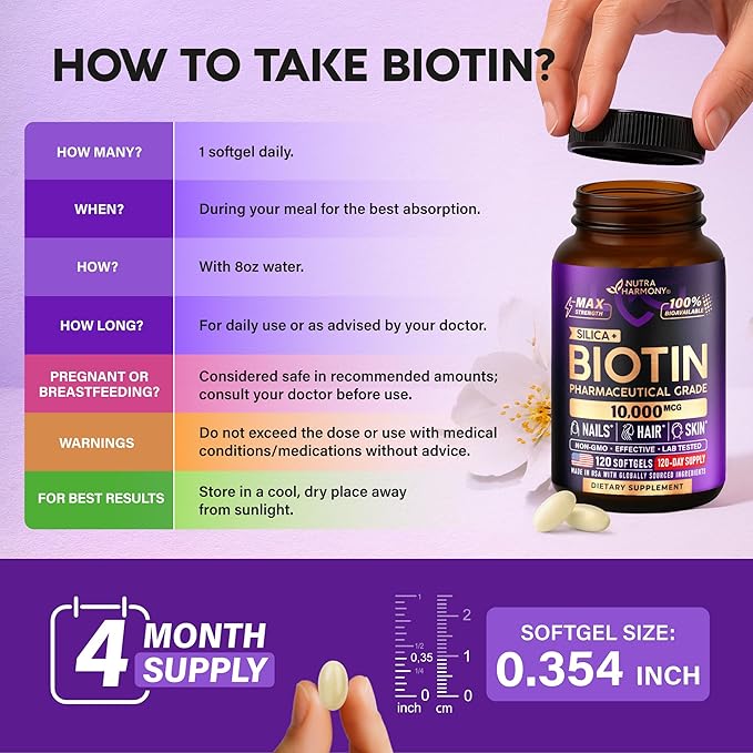 Biotin 10000mcg with Silicon - Pharmaceutical Grade Biotin Supplement for Women - Hair Growth Support, Skin & Nails - Max Strength & 100% Bioavailability - Made in USA - 120 Softgels, 120 Days Supply