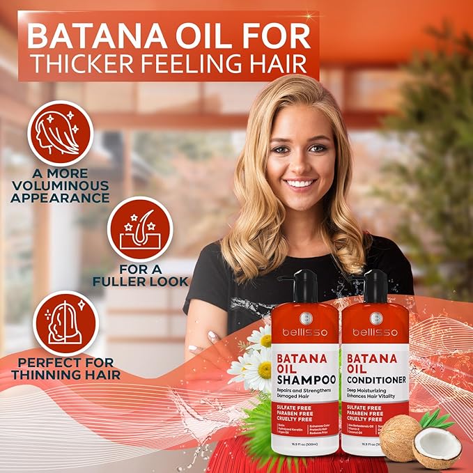 Batana Oil Shampoo and Conditioner Set - Thickening Hair Products for Women and Men - For Strengthening and Volumizing Fine and Thinning Hair - Sulfate Free with Biotin and Keratin for a Fuller Look