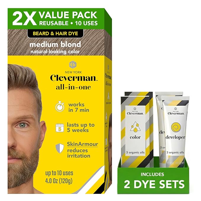 2X Pack Cleverman Hair & Beard Dye Kit for Men, All-in-One Reusable Mens Hair Color, Natural Gray Coverage, Ammonia-Free Beard Mustache Dye for Men (Medium Blond)