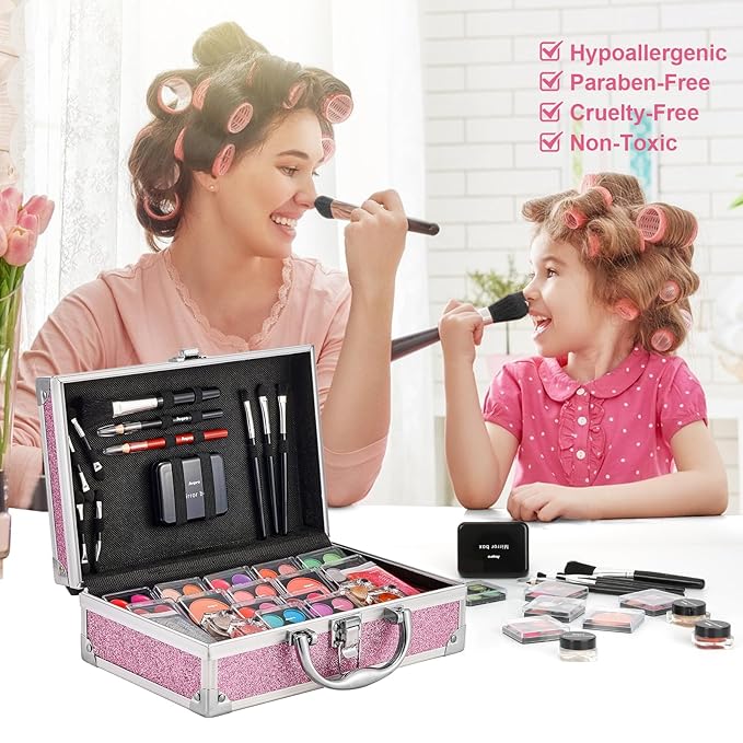 Anpro All-In-One Makeup Kit for Girls 10-12 with Case, Pro Teen Makeup Set, Tween Makeup Kit for Teens Women, Full Starter Make Up Kit with Brushes, Lipstick, Eye Shadows Palette, Blushes, Glitter Gel