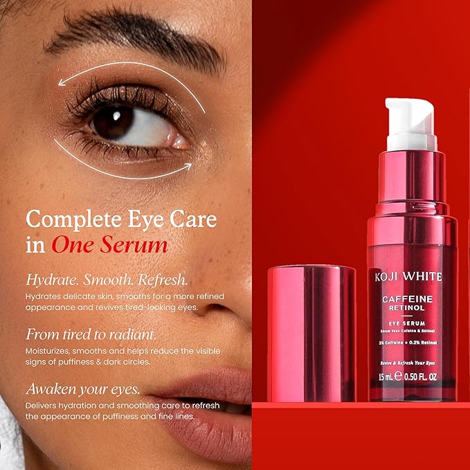 Koji White 3% Caffeine Eye Serum for Puffiness & Dark Circles with 0.2% Retinol, Peptides, Hyaluronic Acid & Vitamin C - Fragrance-Free, Unscented for Sensitive Skin, Vegan Skincare 0.50 Fl Oz