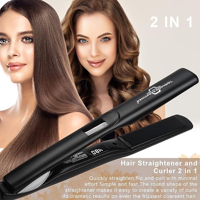 Straightener and Curler 2in1 with LCD Display 15s Fast Heating Ultra hot for American and African Hair Constant high Heat Adjustable Temperature Healthy Styling Tool for All Hairstyles (Black)