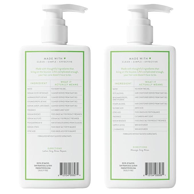 Native Shampoo and Conditioner Contain Naturally Derived Ingredients | All Hair Type Color & Treated From Fine to Dry Damaged, Sulfate & Dye Free - Cucumber & Mint, 16.5 fl oz each (2 pack)