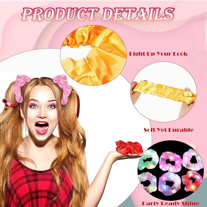 48 Pcs Light up Scrunchies Luminous Hair Scrunchies Neon Colorful Hair Tie for Women Girls Glow in the Dark Christmas Carnival Party Supply