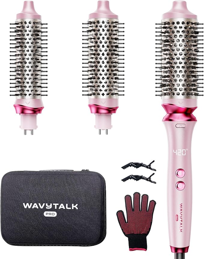 Wavytalk Heatwave Pro Ionic Thermal Brush Set, 3-Size Heated Round Brush for Short to Long Hair, Bilateral Negative Ions for Frizz-Free Shiny Blowout, Pink