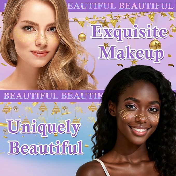 Glitter Freckles Face Tattoo for Women - 12 Unique Gold Sparkle Patches, Waterproof Temporary Freckle Stickers for Festival, Rave & Makeup Glow-up