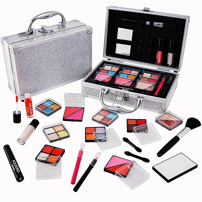 Makeup Kit for Teenager & Women Full Kit, All in One Makeup Set With The Small Cosmetic Train Case, Professional Makeup Kit, Makeup Gift Set for Women Girls (silver)