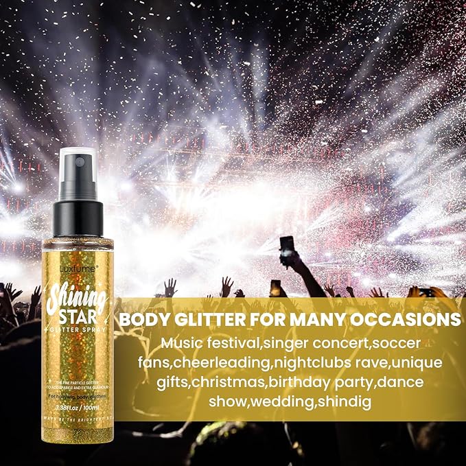 Gold Body Glitter Spray & Glitter Hairspray - Long-Lasting, Ultra-Shiny, Quick-Dry, Waterproof, Non-Clog Nozzle for Parties, Dances, Festivals, and Special Events