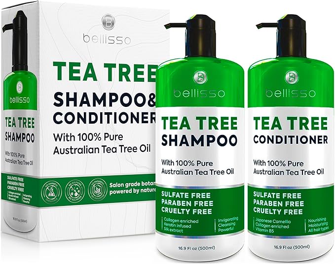 Tea Tree Shampoo and Conditioner Set – with 100% Pure Australian Tea Tree Oil - Anti Dandruff Sulfate and Paraben Free - Dry Scalp Treatment with Keratin, Vitamin B5, Collagen for Women and Men
