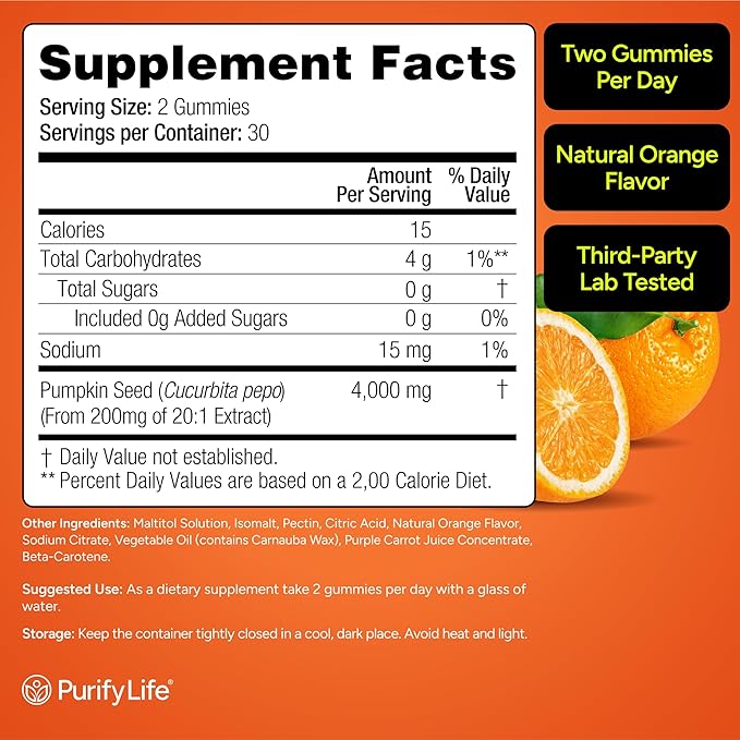 Sugar-Free Pumpkin Seed Oil Gummies (4,000mg/serving) Pumpkin Seed Oil for Hair Growth, Youthful Skin, Prostate Health, Immune & Urinary Tract Support-Natural Source of Essential Fatty Acids-60 Chews