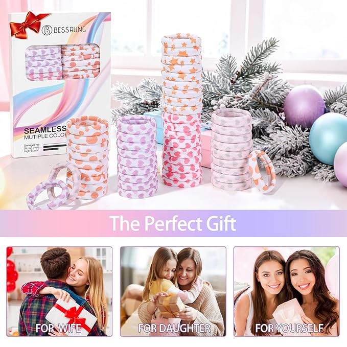 Bessrung 50 PCS Seamless Hair Ties, No Damage Elastics Hair Ties for Women Girls, Soft Stretchy Ponytail Holders for Thin Thick Hair, Snag-Free Hair Bands Stocking Stuffers Christmas Gift(Love)